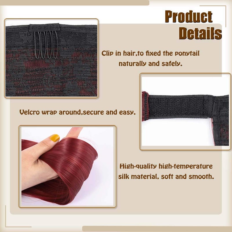 Gangel Red Ponytail Hair Extension Straight Pony Tails Wrap Around Hairpiece Claw Synbthetic Clip in Long Hair Extensions Magic Drawstring Pony Tail Hair Wraps(1 pc) (Wine Red Burg) - Image 3